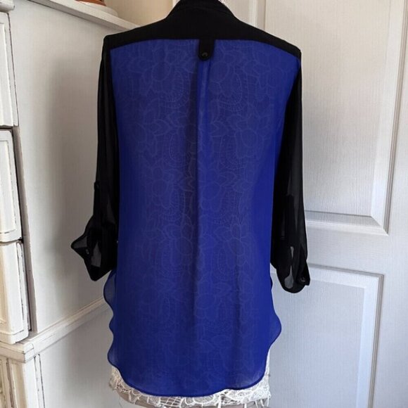 Blue & black blouse office work shirt - Picture 3 of 5